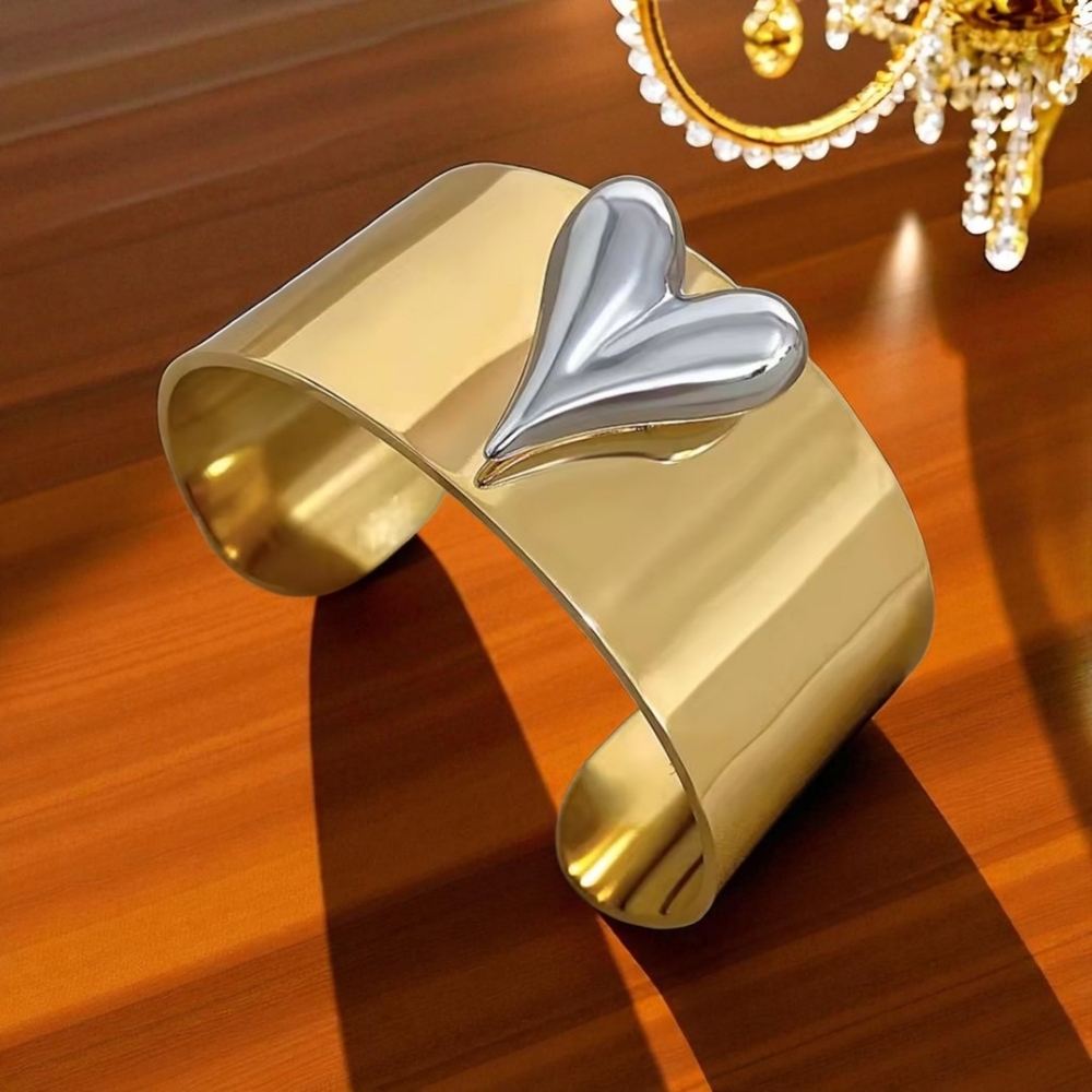 Chunky Gold Silver 2 Tone Puffy Heart Cuff Bracelet